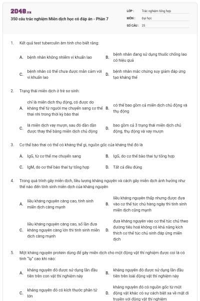 350 câu trắc nghiệm Miễn dịch học có đáp án - Phần 7