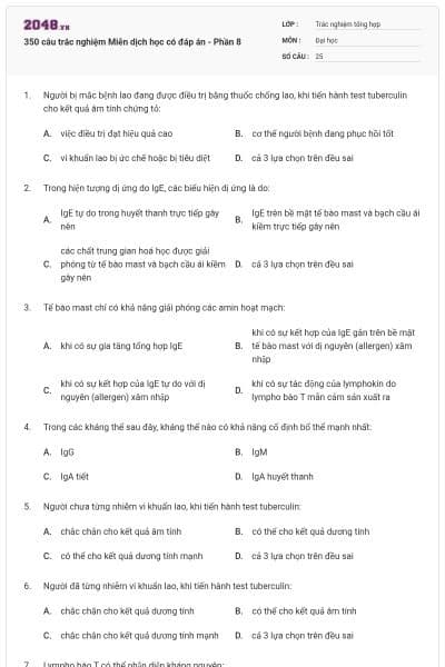 350 câu trắc nghiệm Miễn dịch học có đáp án - Phần 8