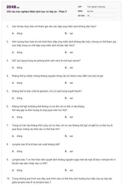 350 câu trắc nghiệm Miễn dịch học có đáp án - Phần 9
