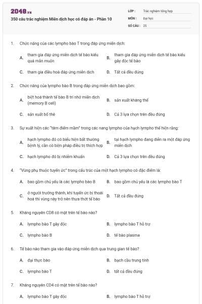 350 câu trắc nghiệm Miễn dịch học có đáp án - Phần 10