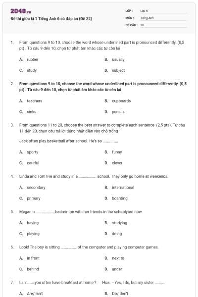 Đề thi giữa kì 1 Tiếng Anh 6 có đáp án (Đề 22)