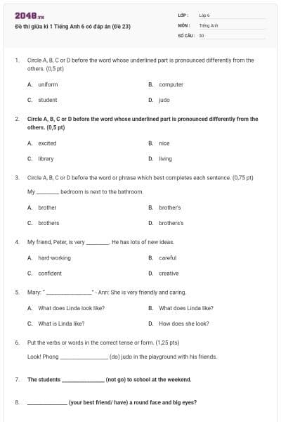 Đề thi giữa kì 1 Tiếng Anh 6 có đáp án (Đề 23)
