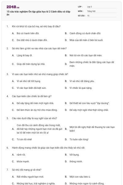 15 câu trắc nghiệm Ôn tập giữa học kì 2 Cánh diều có đáp án