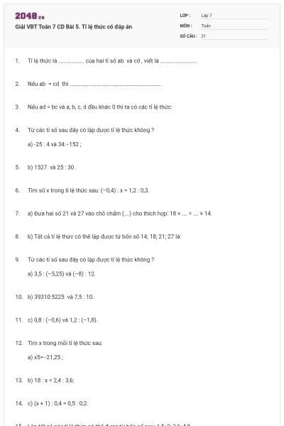 Giải VBT Toán 7 CD Bài 5. Tỉ lệ thức có đáp án