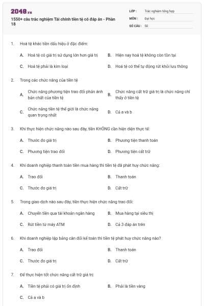 1550+ câu trắc nghiệm Tài chính tiền tệ có đáp án - Phần 18