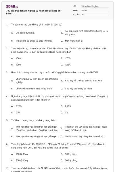 700 câu trắc nghiệm Nghiệp vụ ngân hàng có đáp án - Phần 11