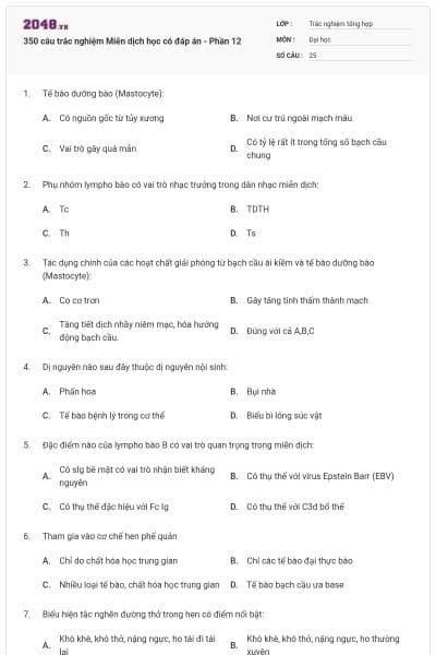 350 câu trắc nghiệm Miễn dịch học có đáp án - Phần 12