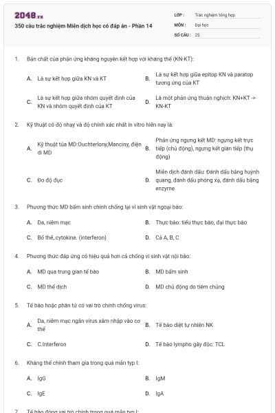 350 câu trắc nghiệm Miễn dịch học có đáp án - Phần 14