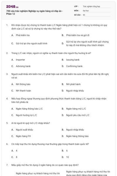 700 câu trắc nghiệm Nghiệp vụ ngân hàng có đáp án - Phần 12