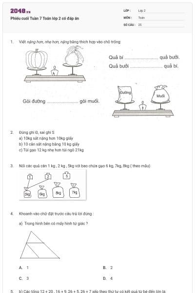 Phiếu cuối Tuần 7 Toán lớp 2 có đáp án
