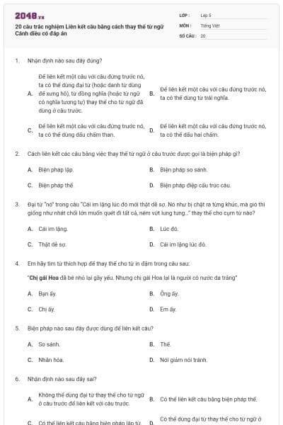 20 câu trắc nghiệm Liên kết câu bằng cách thay thế từ ngữ Cánh diều có đáp án