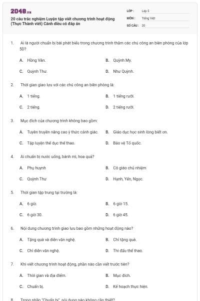 20 câu trắc nghiệm Luyện tập viết chương trình hoạt động (Thực Thành viết) Cánh diều có đáp án
