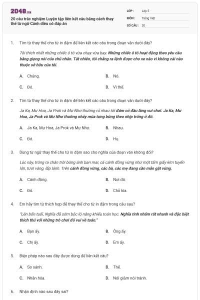 20 câu trắc nghiệm Luyện tập liên kết câu bằng cách thay thế từ ngữ Cánh diều có đáp án