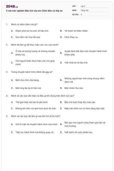 5 câu trắc nghiệm Bầu trời của em Cánh diều có đáp án