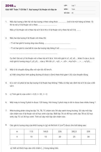 Giải VBT Toán 7 CD Bài 7. Đại lượng tỉ lệ thuận có đáp án