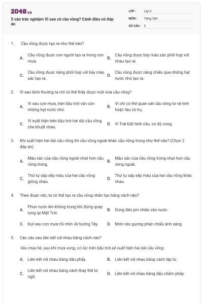 5 câu trắc nghiệm Vì sao có cầu vồng? Cánh diều có đáp án