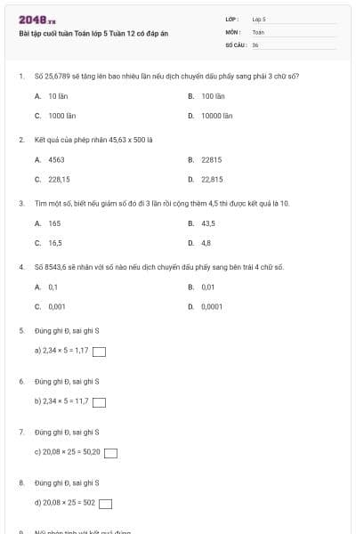 Bài tập cuối tuần Toán lớp 5 Tuần 12 có đáp án