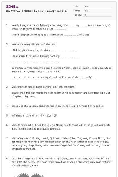 Giải VBT Toán 7 CD Bài 8. Đại lượng tỉ lệ nghịch có đáp án