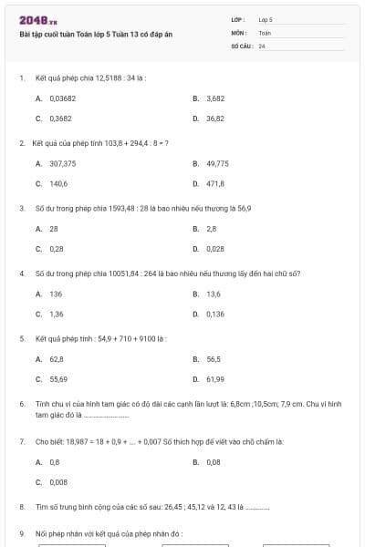 Bài tập cuối tuần Toán lớp 5 Tuần 13 có đáp án