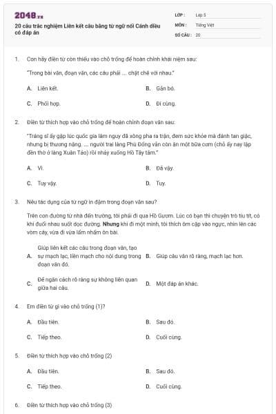 20 câu trắc nghiệm Liên kết câu bằng từ ngữ nối Cánh diều có đáp án