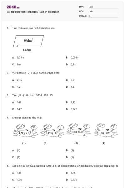 Bài tập cuối tuần Toán lớp 5 Tuần 14 có đáp án