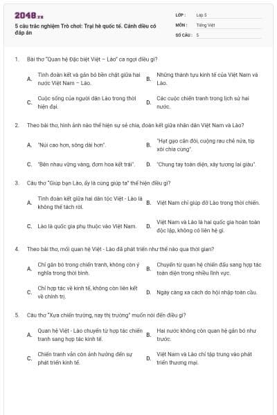 5 câu trắc nghiệm Trò chơi: Trại hè quốc tế. Cánh diều có đáp án