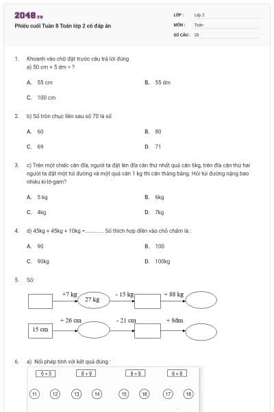 Phiếu cuối Tuần 8 Toán lớp 2 có đáp án