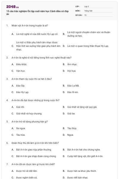 15 câu trắc nghiệm Ôn tập cuối năm học Cánh diều có đáp án