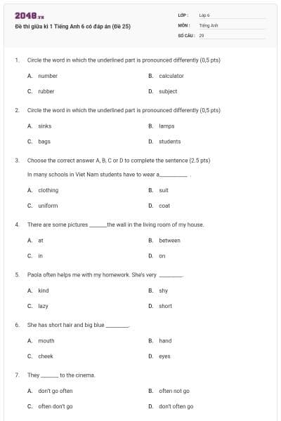 Đề thi giữa kì 1 Tiếng Anh 6 có đáp án (Đề 25)
