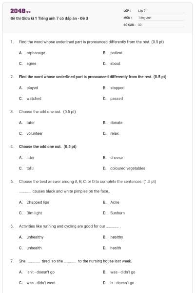 Đề thi Giữa kì 1 Tiếng anh 7 có đáp án - Đề 3