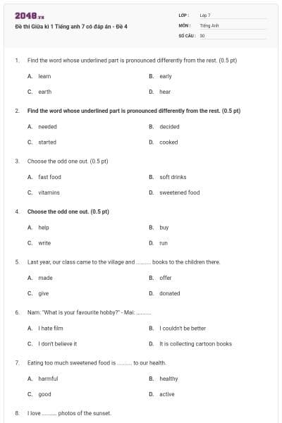 Đề thi Giữa kì 1 Tiếng anh 7 có đáp án - Đề 4