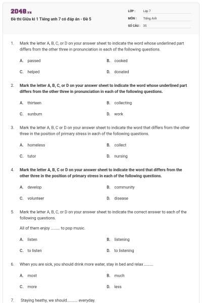 Đề thi Giữa kì 1 Tiếng anh 7 có đáp án - Đề 5