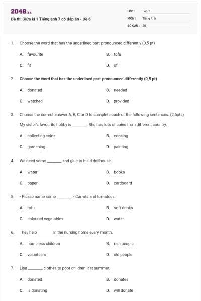 Đề thi Giữa kì 1 Tiếng anh 7 có đáp án - Đề 6