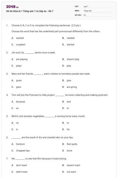 Đề thi Giữa kì 1 Tiếng anh 7 có đáp án - Đề 7