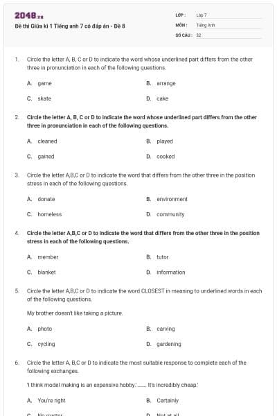 Đề thi Giữa kì 1 Tiếng anh 7 có đáp án - Đề 8