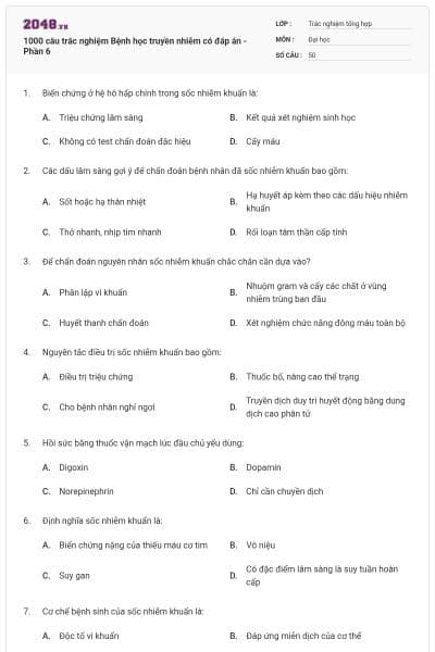 1000 câu trắc nghiệm Bệnh học truyền nhiễm có đáp án - Phần 6