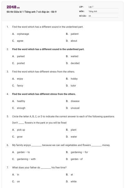 Đề thi Giữa kì 1 Tiếng anh 7 có đáp án - Đề 9