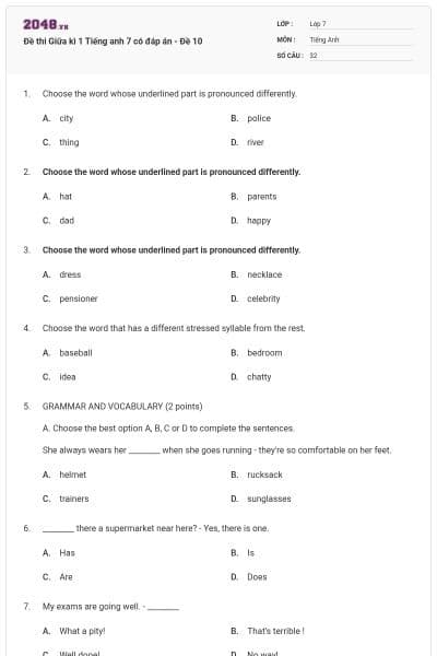 Đề thi Giữa kì 1 Tiếng anh 7 có đáp án - Đề 10