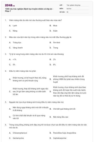 1000 câu trắc nghiệm Bệnh học truyền nhiễm có đáp án - Phần 7