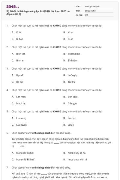 Bộ 20 đề thi Đánh giá năng lực ĐHQG Hà Nội form 2025 có đáp án (Đề 9)