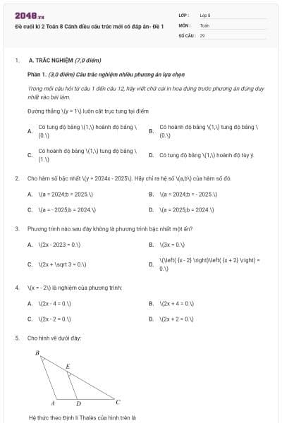 Đề cuối kì 2 Toán 8 Cánh diều cấu trúc mới có đáp án- Đề 1