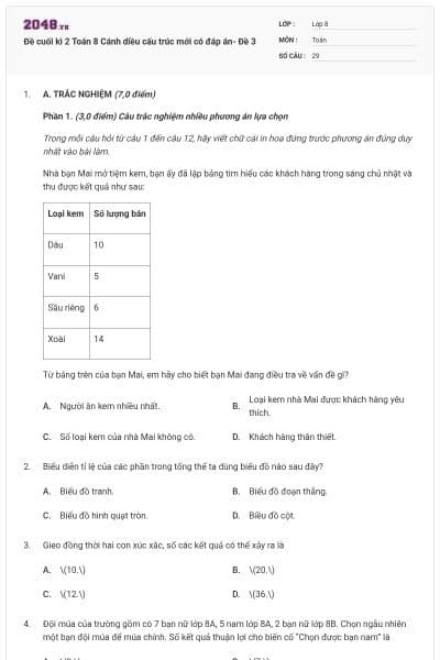 Đề cuối kì 2 Toán 8 Cánh diều cấu trúc mới có đáp án- Đề 3