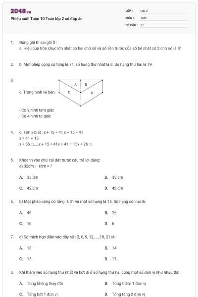 Phiếu cuối Tuần 10 Toán lớp 2 có đáp án