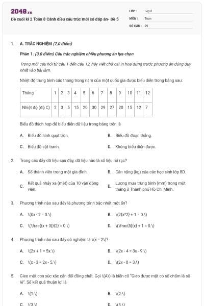 Đề cuối kì 2 Toán 8 Cánh diều cấu trúc mới có đáp án- Đề 5