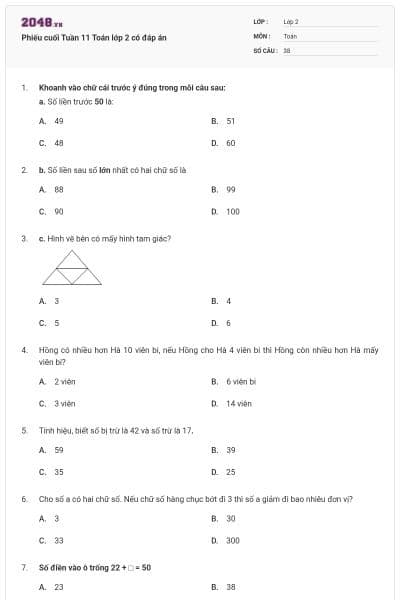 Phiếu cuối Tuần 11 Toán lớp 2 có đáp án
