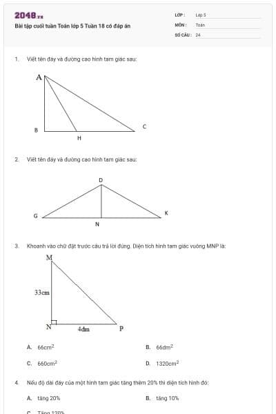 Bài tập cuối tuần Toán lớp 5 Tuần 18 có đáp án
