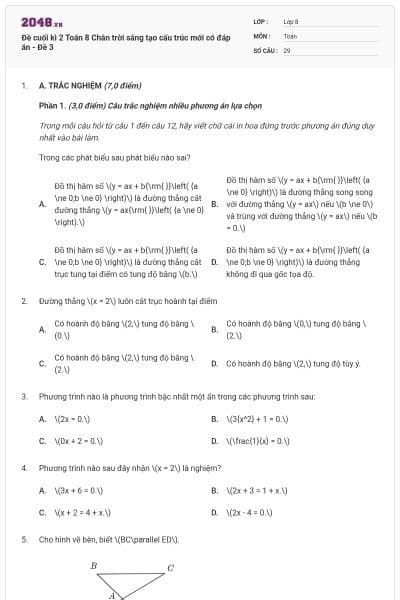 Đề cuối kì 2 Toán 8 Chân trời sáng tạo cấu trúc mới có đáp án - Đề 3
