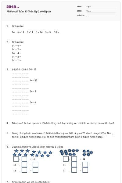 Phiếu cuối Tuần 13 Toán lớp 2 có đáp án