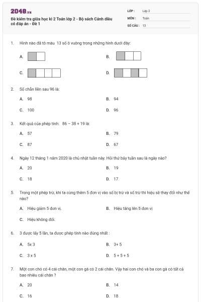 Đề kiểm tra giữa học kì 2 Toán lớp 2 - Bộ sách Cánh diều có đáp án - Đề 1