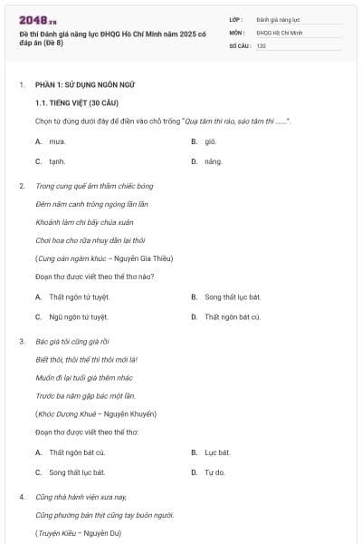 Đề thi Đánh giá năng lực ĐHQG Hồ Chí Minh năm 2025 có đáp án (Đề 8)